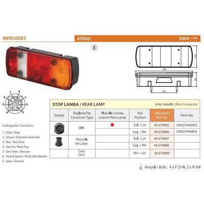 Stop Lambasi Sol Soketli Plakali Mercedes Atego / Atego 2 / Schlemmer  Soketli / E Belgeli MARS 610985